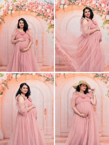 A collage of four stunning solo portraits in our floral setting. It showcases different poses, including a dynamic shot with the flowing fabric of the gown, giving you a sense of the variety we can capture.