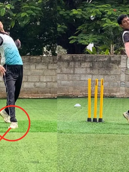 The bowler's body weight is no longer falling away from the target. The corrected finish shows a much more efficient and powerful action.