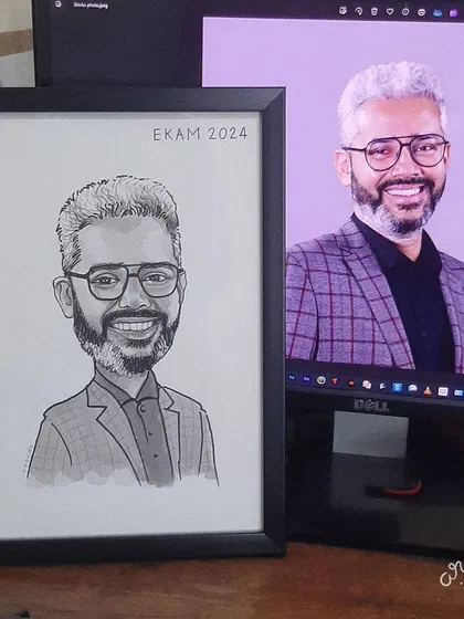 A framed black and white caricature, part of a large series for a corporate client.