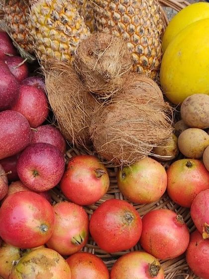 A colourful basket of tropical and seasonal fruits including pineapple, coconut, pomegranate, and sapota (chikoo).