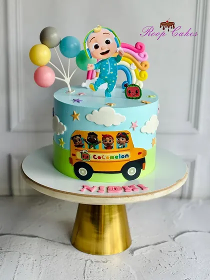 Hop on the Cocomelon bus, it's a big day. This cake is full of sweetness, smiles, and nursery rhymes, featuring characters from the popular show.