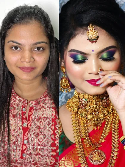 A dramatic before and after for a South Indian bride. The final look features bold, colorful eye makeup and radiant skin.