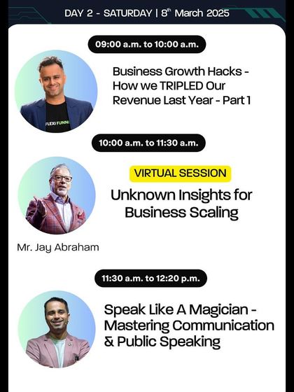 The Day 2 agenda for FGS, featuring sessions on business growth hacks, a virtual session with Jay Abraham on business scaling, and mastering public speaking.