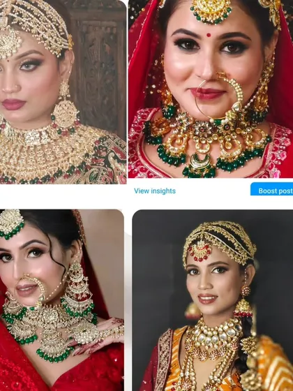 A collage showcasing four different traditional bridal looks with heavy Kundan and Polki jewellery.