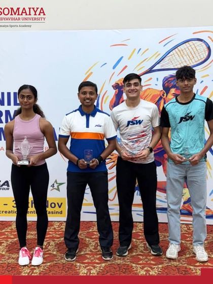 Our squash players celebrate their podium finishes at the JSW 11th Sunil Verma Memorial Tournament, with achievements across Women's PSA, U-19 Boys, and MO35 categories.