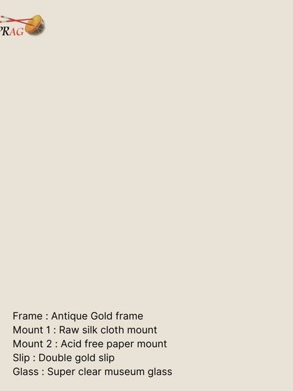 The material selection for the silver deity frame. We used an Antique Gold frame, a Raw silk cloth mount, an Acid-free paper mount, a Double gold slip, and Super clear museum glass for a multi-layered, archival result. Note: Caption corrected to reflect the actual frame which is silver, not gold.