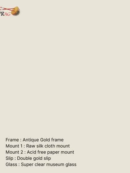 The material selection for the silver deity frame. We used an Antique Gold frame, a Raw silk cloth mount, an Acid-free paper mount, a Double gold slip, and Super clear museum glass for a multi-layered, archival result. Note: Caption corrected to reflect the actual frame which is silver, not gold.