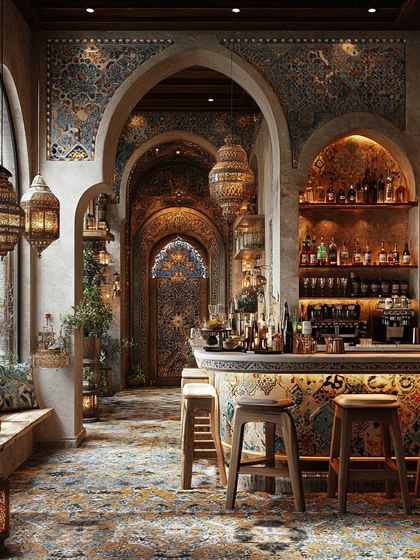 Here, I've designed a space that tells a story through its details. The intricate tilework, arched doorways, and warm lantern light come together to create a cozy and elegant cafe and bar atmosphere that invites guests to relax and stay awhile.