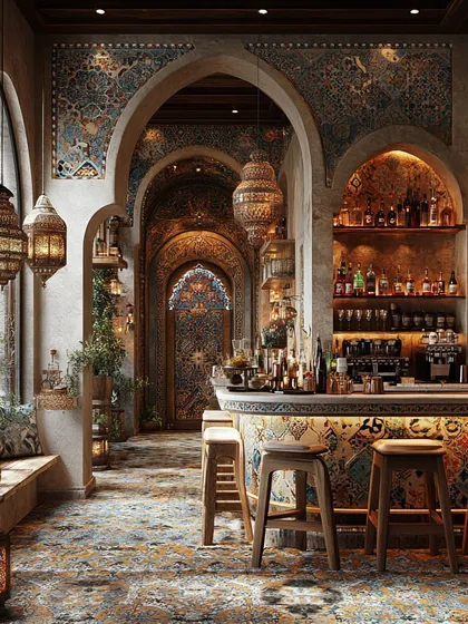 Here, I've designed a space that tells a story through its details. The intricate tilework, arched doorways, and warm lantern light come together to create a cozy and elegant cafe and bar atmosphere that invites guests to relax and stay awhile.