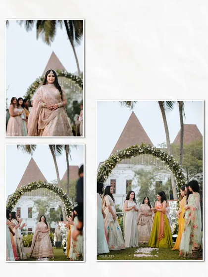 A collage capturing the bride's entrance and her interactions with her bridal party in a beautiful outdoor setting.