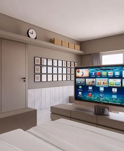 Another render from the opposite angle, viewing the TV from the bed. This helped in planning the proportions of the custom console and ensuring clear sightlines from both functional zones of the room.