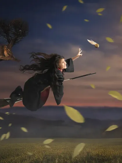 Catching the Golden Snitch at sunset. A beautiful and dynamic composite image that captures the thrill of a Quidditch match.
