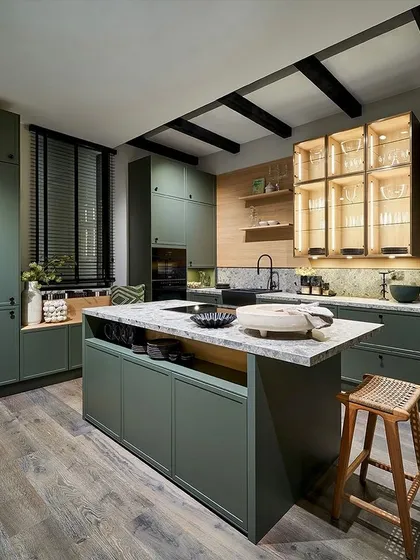 Unveiled at our Novelties 2025 Housefair, this ensemble in eucalyptus green exudes tranquil luxury, with warm wooden accents and a natural stone countertop.