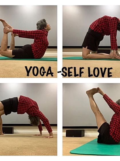 A sequence of four powerful postures: Bow Pose, Camel Pose, Wheel Pose, and Boat Pose. This shows a flow focused on back-bending and core strength.