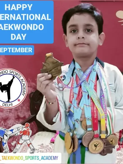 Another young champion, Lakshit Sharma, showcasing his medals on International Taekwondo Day. The future of our team is bright.