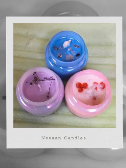 Whimsical vibes in every jar. This trio of iridescent jars is infused with dried florals and crystals for peaceful vibes.
