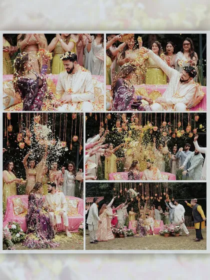 A collage showcasing the 'phoolon ki haldi' in full swing. Family and friends shower the couple with flower petals in this joyous and colorful celebration.