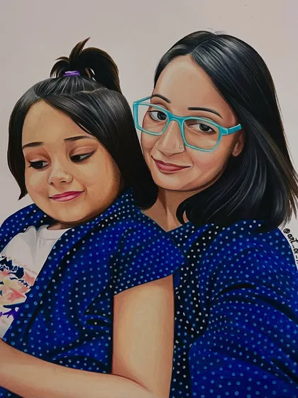 The tender bond between a mother and her daughter, immortalized in a custom pencil color sketch. I used Prismacolor pencils on Strathmore Bristol paper to capture the soft expressions and the playful pattern of their matching outfits.