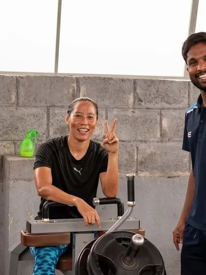 A candid moment between a female athlete and her coach after a training session. This image captures the positive and supportive community vibe at RSF.