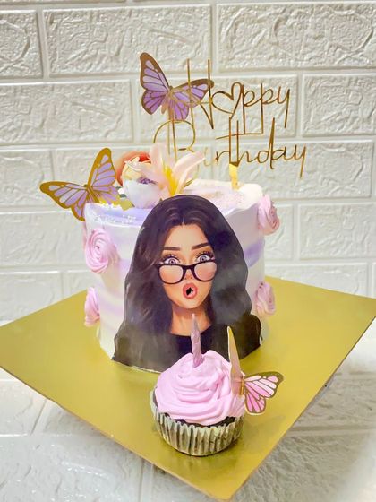 Our trendy blow-out cake, paired with a matching cupcake for an extra puff of fun.