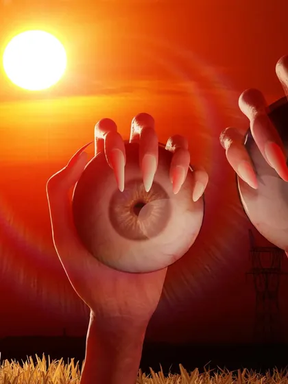 A close-up of one of the 'Watchers' hands. This view highlights the sharp, claw-like nails and the detailed texture of the giant eyeball.