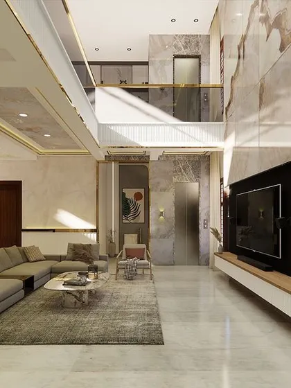 A wide shot of the luxurious 650 sqft living room render, showing the comfortable sectional sofa and the dramatic Pink Crystal Onyx feature wall, creating a perfect space for relaxation and entertainment.