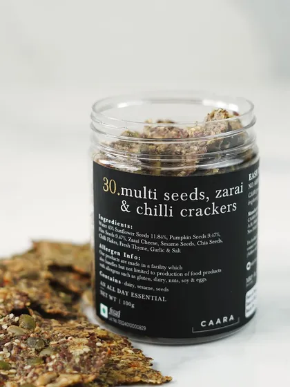 Our Multi Seed, Zarai & Chilli Crackers are the perfect healthy, guilt-free snack. Made entirely from a blend of sunflower, pumpkin, sesame, chia, and flax seeds, these nourishing crackers are free of any fillers and flavoured with fresh thyme, zarai cheese, and a hint of chilli.
