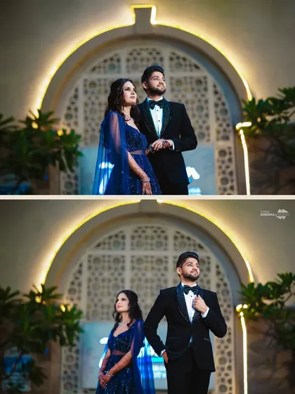 A stylish couple posing against an elegantly lit archway. These portraits showcase their glamorous reception outfits and their confident, modern style.