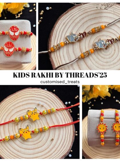 Another look at my kids' rakhi collection, featuring popular characters like Spiderman, Tom & Jerry, and Pikachu, alongside cheerful sunflower designs.