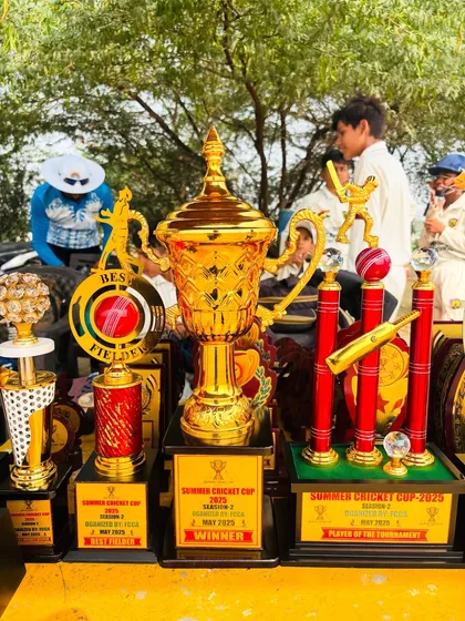 A close-up of the magnificent trophies waiting for the champions.