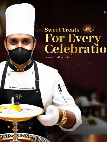 A chef proudly presenting a beautifully plated dessert on an elegant golden stand. This image represents my commitment to providing sweet treats for every celebration.