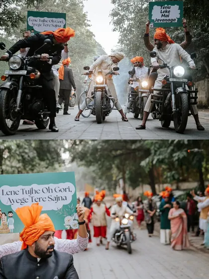 A baraat with full-on dhamaal. The groom's entry is a celebration in itself, and I love capturing the high energy, the fun, and the unique personality of the procession, like this unforgettable bike entry.
