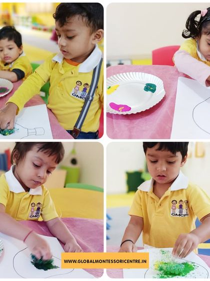 Finger painting allows for direct sensory exploration. Our little artists use their hands to mix colors and create beautiful patterns, connecting them directly to their artwork.