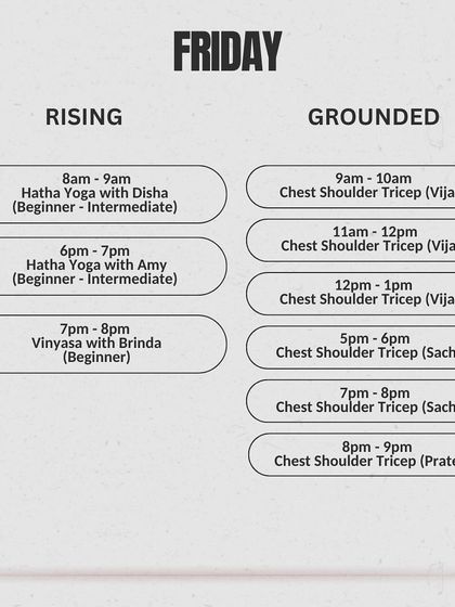 This Friday schedule focuses on Chest, Shoulder, and Triceps in the GROUNDED space, with Hatha and Vinyasa yoga upstairs.