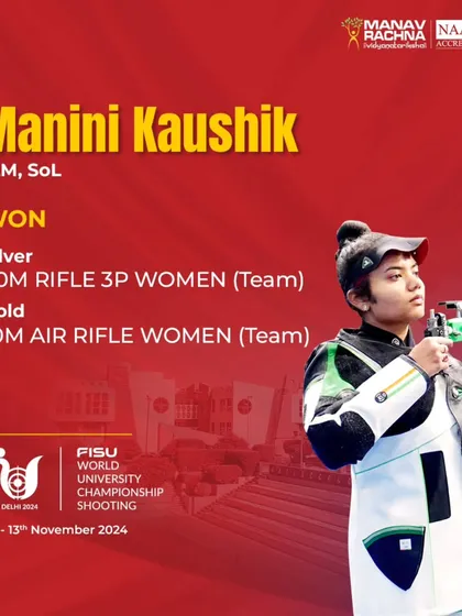 Manini Kaushik, one of our elite shooters, showcasing her medals from the FISU World University Championship. She secured a Gold and a Silver, contributing significantly to India's top ranking.
