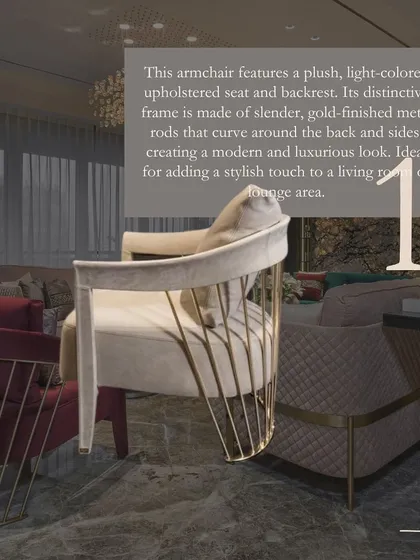 This armchair features a plush, light-colored upholstered seat and a distinctive frame made of slender, gold-finished metal rods that curve around the back, creating a modern and luxurious look.