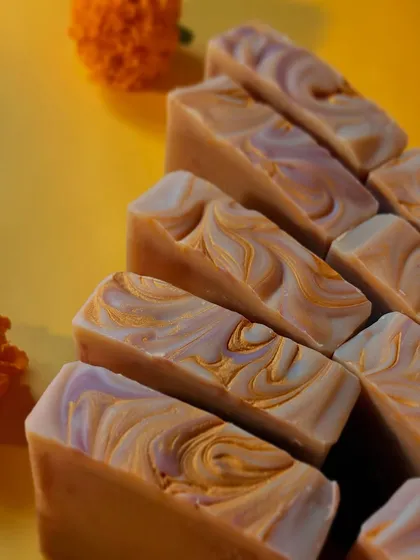 Our Zaffran Utsav soap, handcrafted for the season of light. Colored naturally with turmeric and a shimmer of mica, this bar brings a festive glow to your skincare ritual.