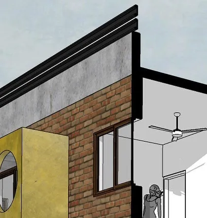 Detail view of the upper residential floor of 'Project 83', showing the combination of exposed brick and a projecting yellow accent volume.