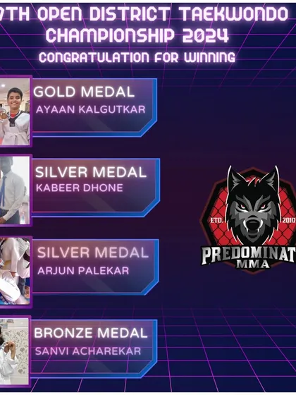 A graphic celebrating our winners at the 17th Open District Taekwondo Championship 2024.