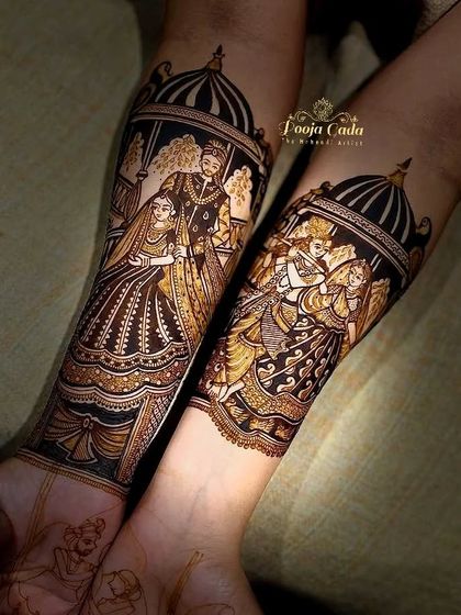 A close-up of two incredibly detailed forearm portraits. One arm depicts the bride and groom, while the other features the divine couple, Radha and Krishna, both set in ornate frames.