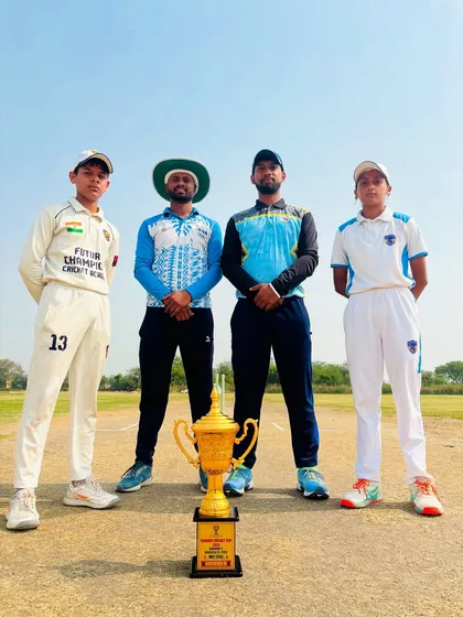 The captains and coaches with the trophy before the final match of the Summer Cricket Cup.
