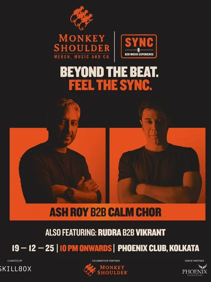 The main poster for the Ash Roy B2B Calm Chor SYNC event in Kolkata.