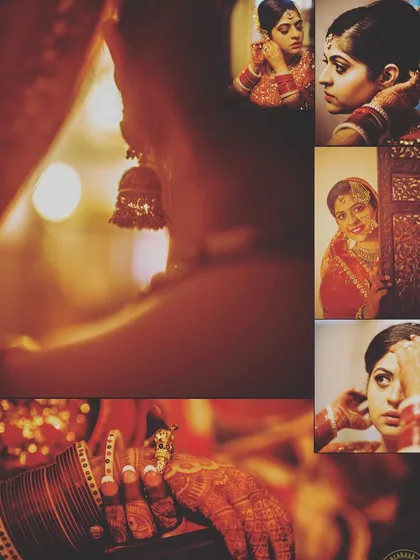 This collage focuses on the small but significant details of a bride getting ready. From the jhumka and bangles to the mehendi, these shots preserve the memory of every element that completes the traditional bridal look.