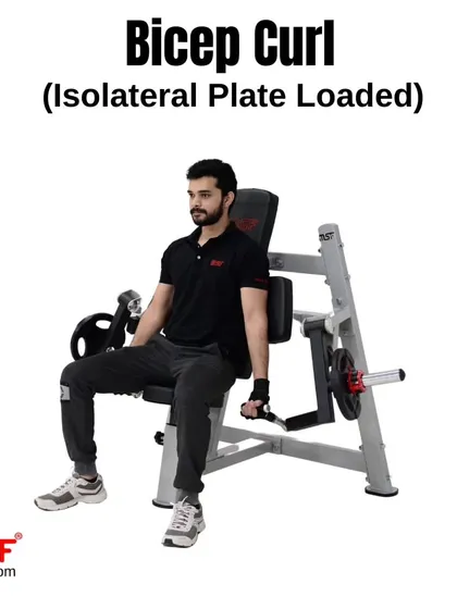 Another angle of a user on the Isolateral Bicep Curl, showing the starting position.