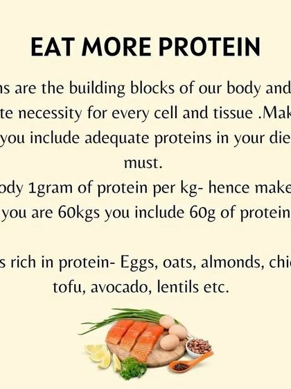 Protein is essential for every cell in your body. For PCOS management, I ensure your diet includes adequate protein from sources like eggs, chicken, lentils, and tofu.