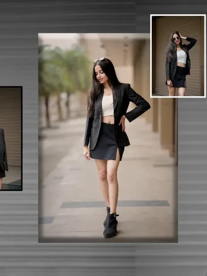 A dynamic composition of street style shots, showing the model walking and posing in a chic black blazer and skirt.