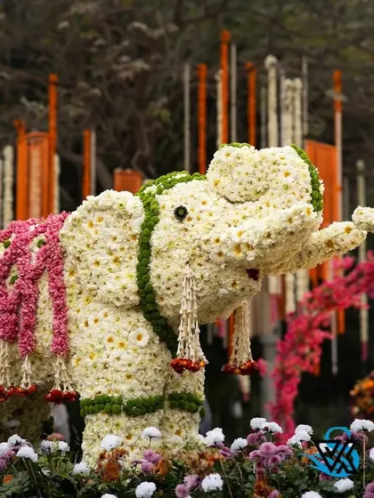 I love turning a dream into reality with unique floral sculptures. This life sized elephant, crafted from white, pink, and green chrysanthemums, was a centerpiece that brought a sense of wonder and gloriousness to the wedding decor.