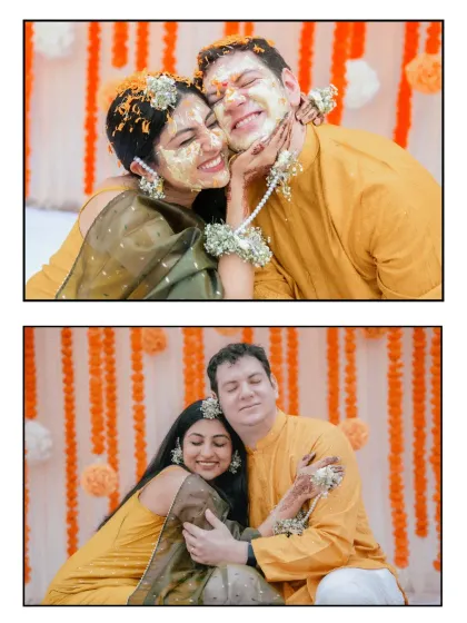 The pure, uninhibited joy of a Haldi ceremony. This couple, from two different parts of the world, found common ground in the laughter and love of this vibrant tradition. These are the hugs and smiles I love to capture.