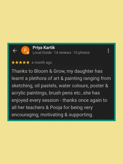 From sketching and oil pastels to watercolors and acrylics, we offer a plethora of mediums for students to explore. This parent appreciates the wide range of skills their daughter has learned with us.