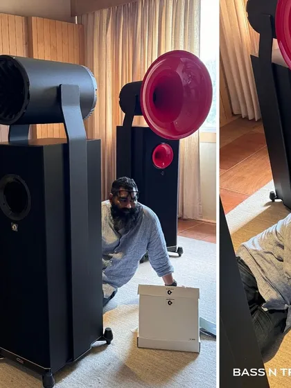 The team setting up the Avantgarde Duo GT speakers. It's a moment of pure joy and excitement to finally have these in our studio.